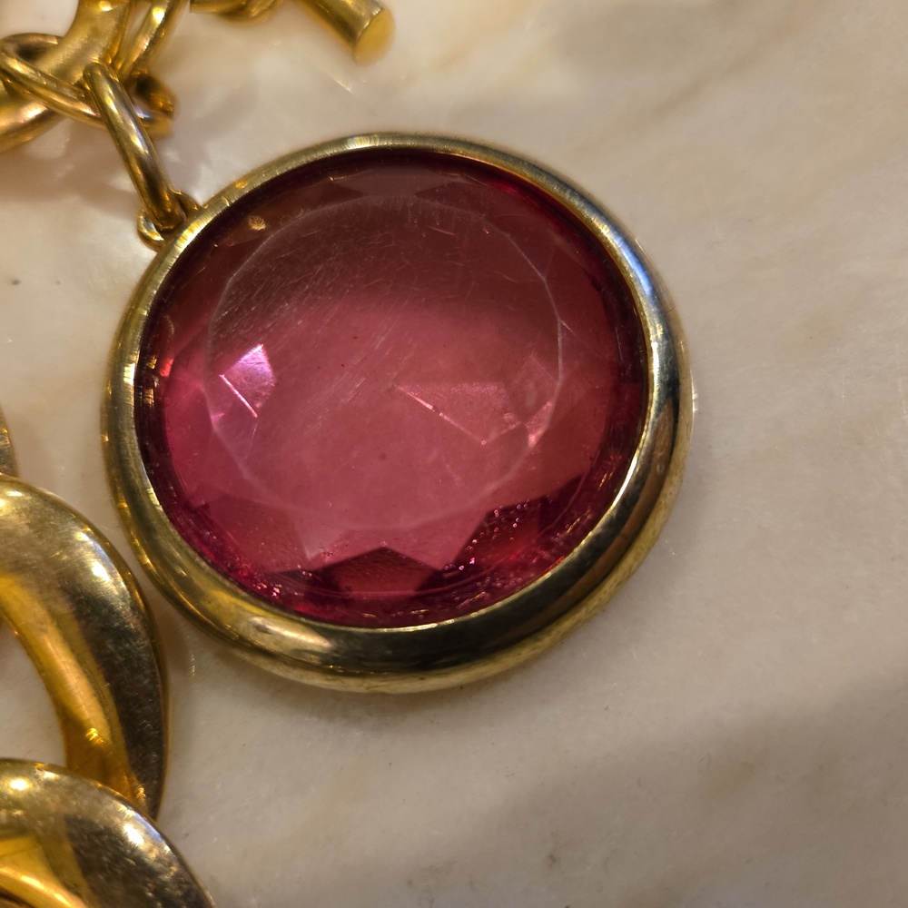 Chunky Gold Tone 7 Link Faux Pink Gem Bracelet 7 3/4" - Picture 8 of 9